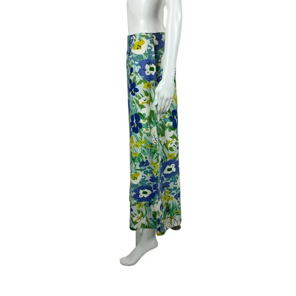 Vintage 70s Midi Skirt Women's Small Large Floral Print Blue Green Susan Bee - Picture 7 of 10